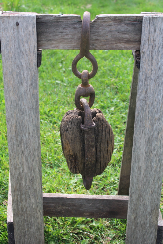 photo of huge old antique pulley, blacksmith hand forged iron w/ hook, worn weathered wood  #6