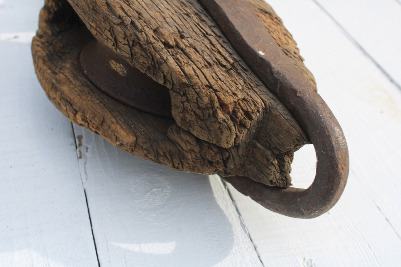 photo of huge old antique pulley, blacksmith hand forged iron w/ hook, worn weathered wood  #8