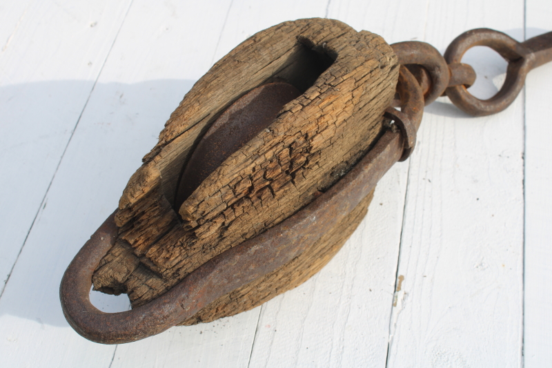 photo of huge old antique pulley, blacksmith hand forged iron w/ hook, worn weathered wood  #9