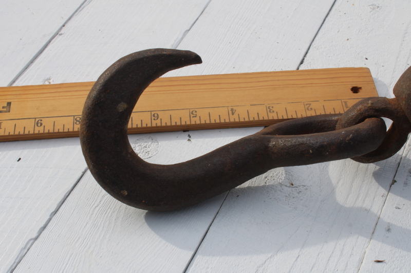 photo of huge old antique pulley, blacksmith hand forged iron w/ hook, worn weathered wood  #10