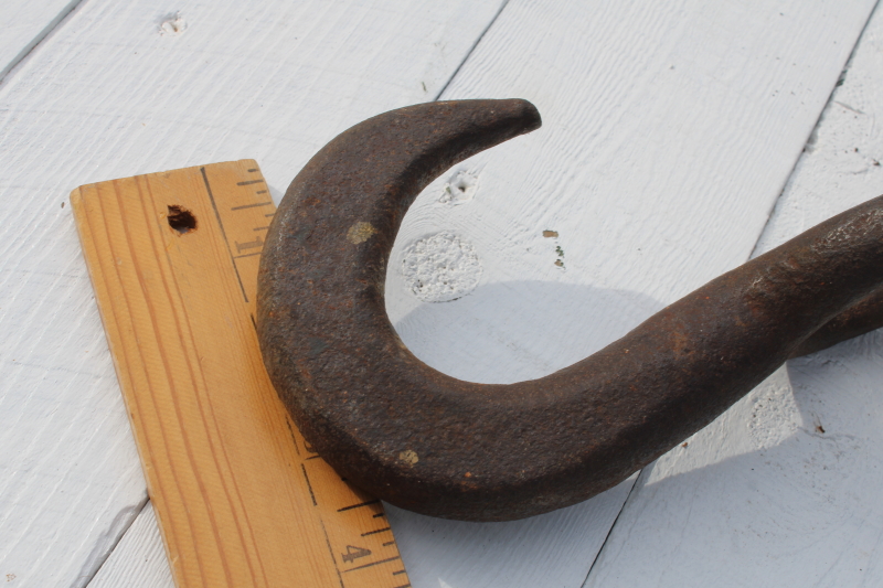 photo of huge old antique pulley, blacksmith hand forged iron w/ hook, worn weathered wood  #11