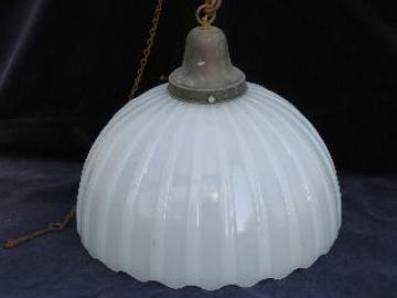 catalog photo of huge old brascolite glass shade, vintage industrial pendant light