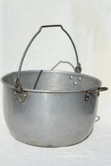 photo of huge old cooking pot kettle cauldron w/ bail handle for hanging on camp fire / fireplace  #1