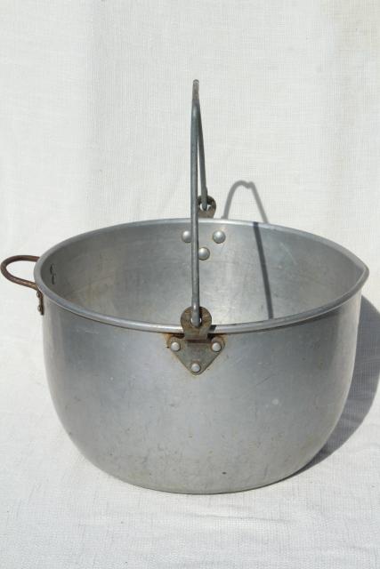 photo of huge old cooking pot kettle cauldron w/ bail handle for hanging on camp fire / fireplace  #3