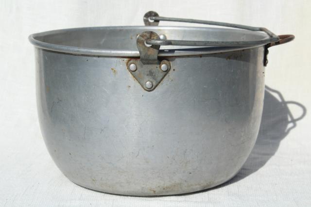 photo of huge old cooking pot kettle cauldron w/ bail handle for hanging on camp fire / fireplace  #5