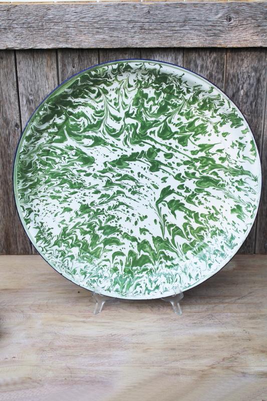 photo of huge old enamelware tray, jade green & white splatter spatter swirl enamel #1