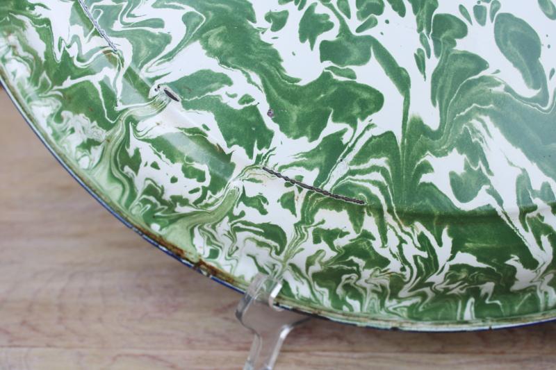 photo of huge old enamelware tray, jade green & white splatter spatter swirl enamel #6