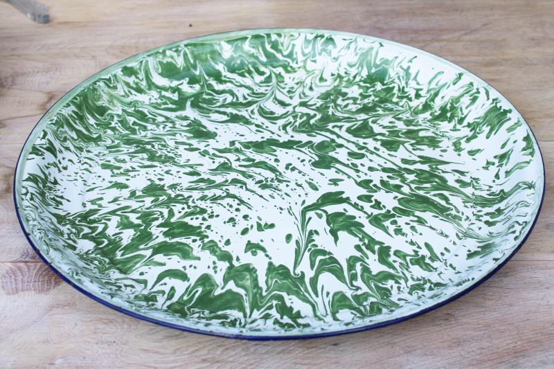 photo of huge old enamelware tray, jade green & white splatter spatter swirl enamel #9