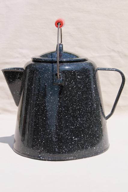 photo of huge old farm kitchen coffee pot, primitive black & white graniteware enamel spatterware #3