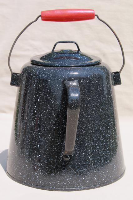 photo of huge old farm kitchen coffee pot, primitive black & white graniteware enamel spatterware #4