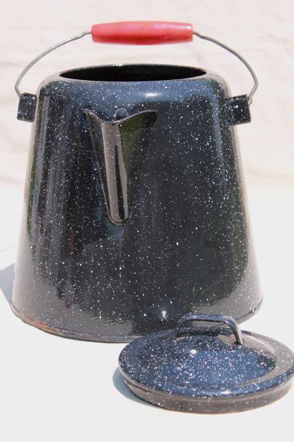 photo of huge old farm kitchen coffee pot, primitive black & white graniteware enamel spatterware #6