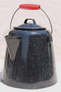 catalog photo of huge old farm kitchen coffee pot, primitive black & white graniteware enamel spatterware