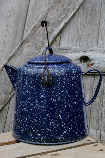 photo of huge old farm kitchen coffee pot, primitive blue & white spatterware enamel #1