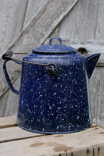 photo of huge old farm kitchen coffee pot, primitive blue & white spatterware enamel #3