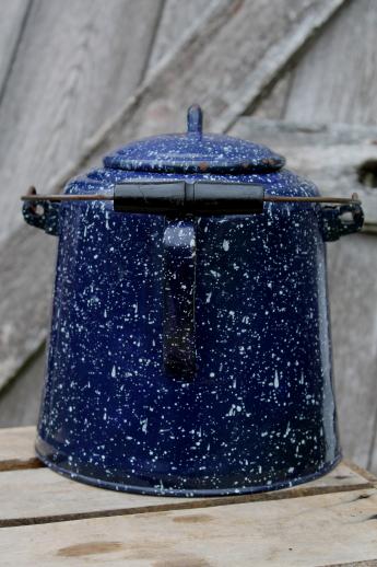 photo of huge old farm kitchen coffee pot, primitive blue & white spatterware enamel #4