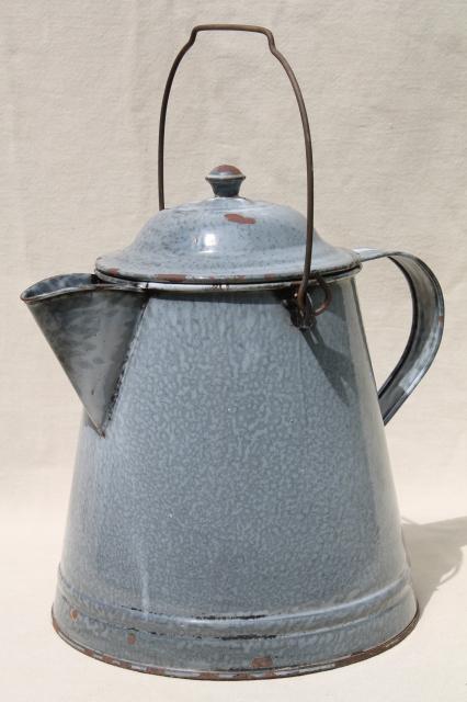 photo of huge old farm kitchen coffee pot, primitive grey graniteware spatterware enamel #1