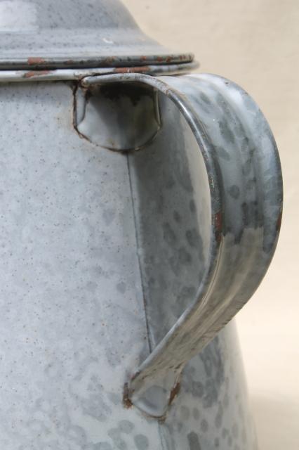 photo of huge old farm kitchen coffee pot, primitive grey graniteware spatterware enamel #2