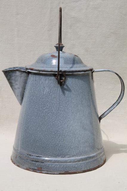 photo of huge old farm kitchen coffee pot, primitive grey graniteware spatterware enamel #3