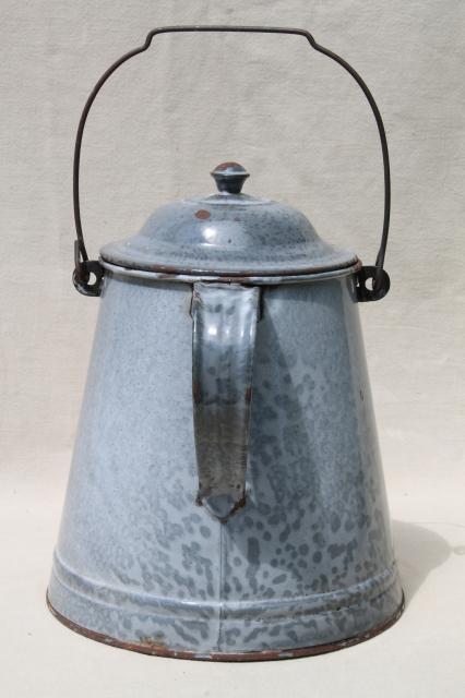 photo of huge old farm kitchen coffee pot, primitive grey graniteware spatterware enamel #4