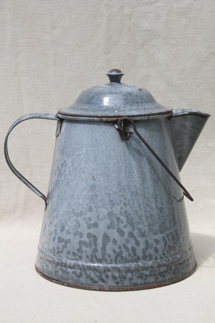 photo of huge old farm kitchen coffee pot, primitive grey graniteware spatterware enamel #5