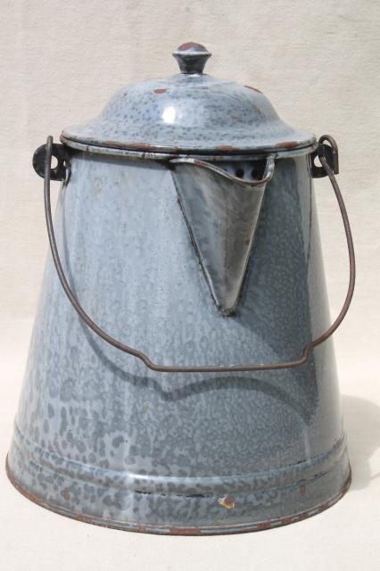 photo of huge old farm kitchen coffee pot, primitive grey graniteware spatterware enamel #6