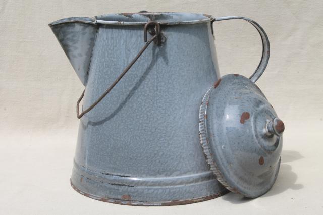 photo of huge old farm kitchen coffee pot, primitive grey graniteware spatterware enamel #7