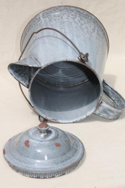 photo of huge old farm kitchen coffee pot, primitive grey graniteware spatterware enamel #8