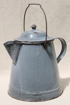 catalog photo of huge old farm kitchen coffee pot, primitive grey graniteware spatterware enamel