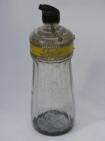 photo of huge old glass ink bottle, vintage Sheaffer's Skrip inks paper label #1