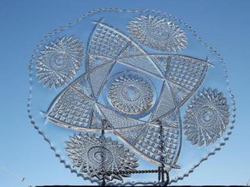 catalog photo of huge old glass underplate for Duncan & Miller punch bowl star & flower