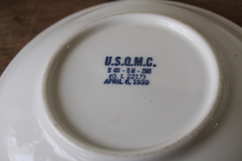 photo of huge old ironstone china saucer plates WWII vintage marked USQMC US military dinnerware #2