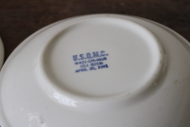 photo of huge old ironstone china saucer plates WWII vintage marked USQMC US military dinnerware #3