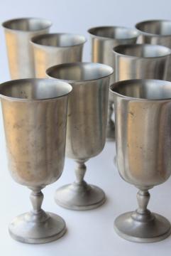 catalog photo of huge old pewter metal goblets, vintage water or wine glasses set of 8