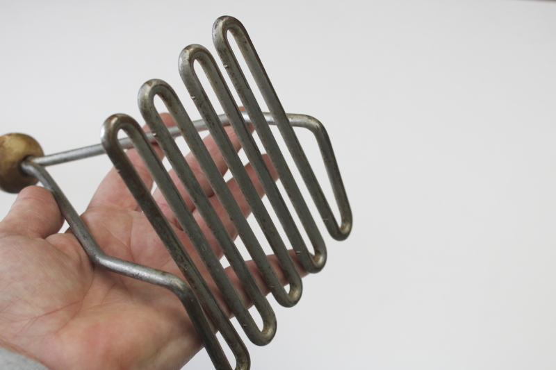 photo of huge old potato masher or crock tamper, primitive vintage kitchen tool w/ long wood handle #4