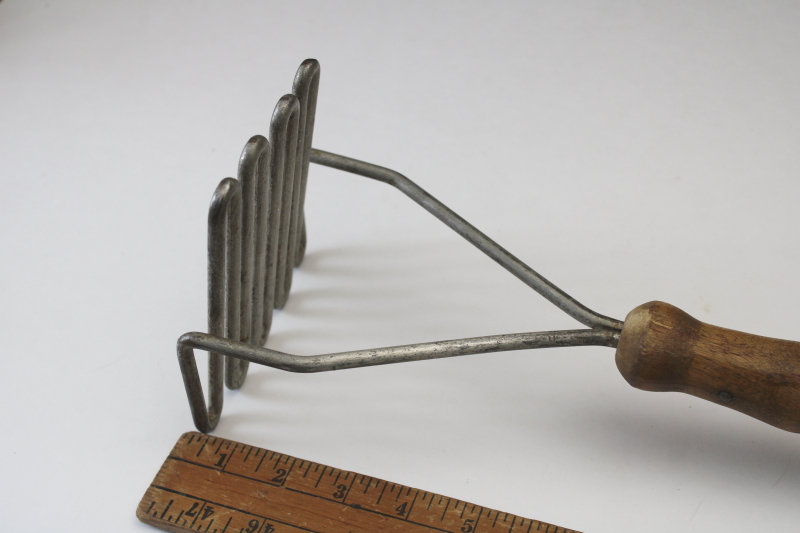 photo of huge old potato masher or crock tamper, primitive vintage kitchen tool w/ long wood handle #5