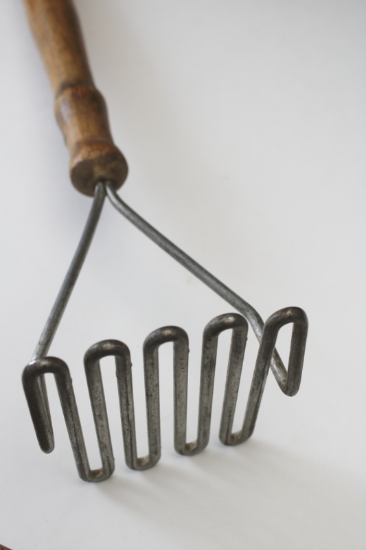 photo of huge old potato masher or crock tamper, primitive vintage kitchen tool w/ long wood handle #7