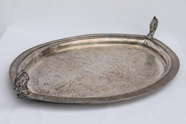 photo of huge old silver meat platter, aesthetic antique silverplate tray w/ handles #7