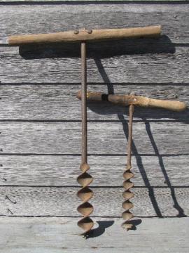 catalog photo of huge old wood barn beam drills / hand augers, antique farm primitive tool