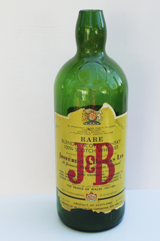 photo of huge one gallon size J & B Scotch whisky bottle, green glass liquor bottle vintage whiskey bar decor  #1