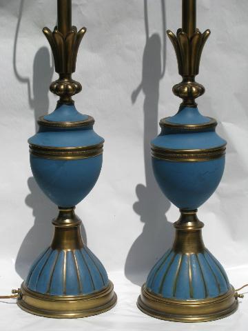photo of huge pair french blue / brass table lamps, mid-century vintage Stiffel #1