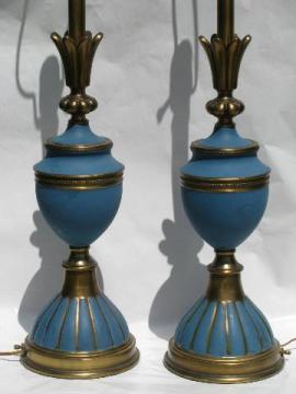 catalog photo of huge pair french blue / brass table lamps, mid-century vintage Stiffel