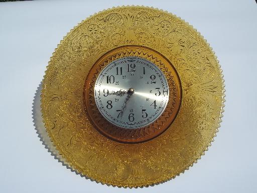 photo of huge plate frame wall clock, Tiara / Indiana sandwich daisy amber glass #1