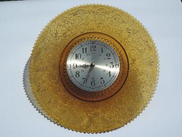 catalog photo of huge plate frame wall clock, Tiara / Indiana sandwich daisy amber glass