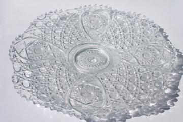 catalog photo of huge punch bowl under plate, vintage daisy and button pattern clear pressed glass