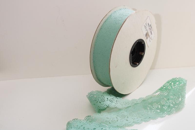 photo of huge roll old stock vintage paper lace ribbon, jadite green doily 'tape' for crafts, decor #1