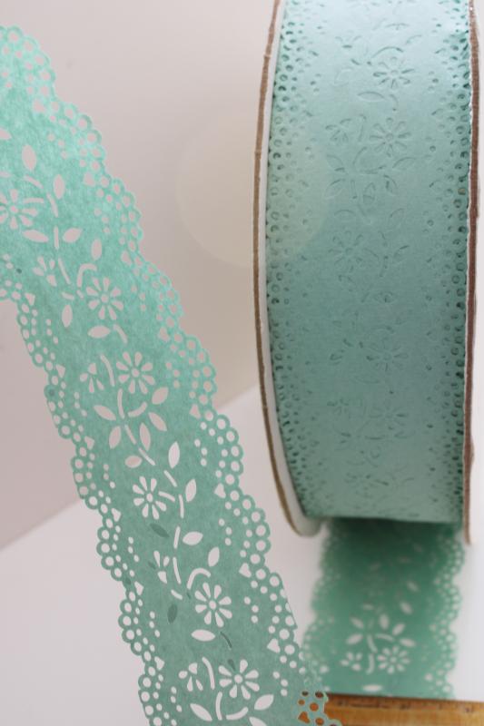 photo of huge roll old stock vintage paper lace ribbon, jadite green doily 'tape' for crafts, decor #3