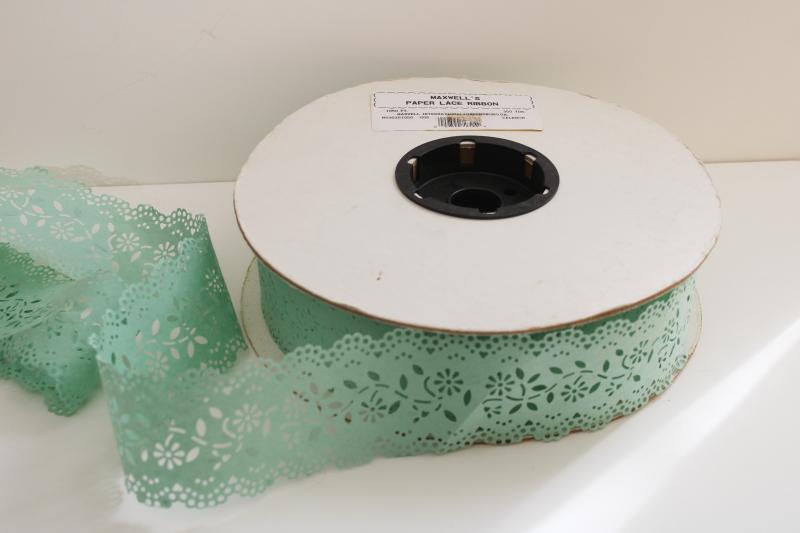 photo of huge roll old stock vintage paper lace ribbon, jadite green doily 'tape' for crafts, decor #6