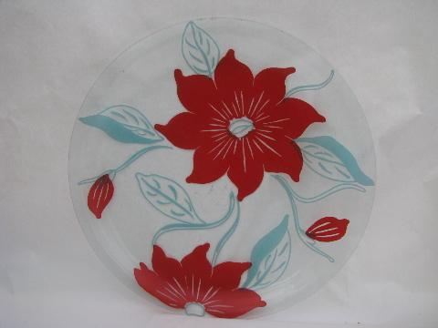 photo of huge round glass platter or plate, retro poppy flowers in red #1