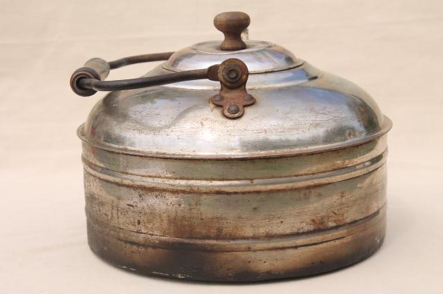 photo of huge six quart tea kettle, vintage Rochester teakettle w/ primitive bail wood handle #9