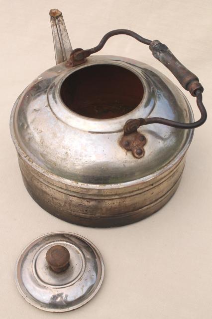 photo of huge six quart tea kettle, vintage Rochester teakettle w/ primitive bail wood handle #13